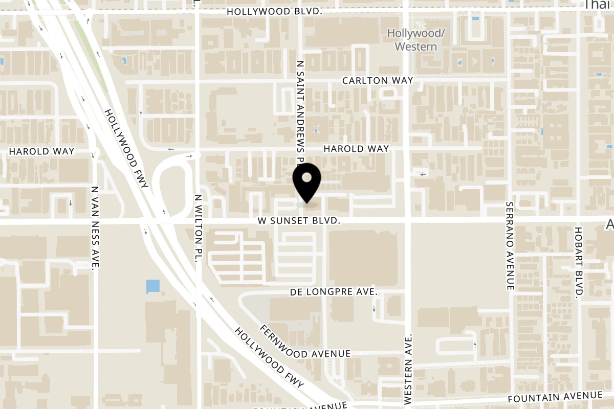 Map showing the location of Ara's Shawarma Sunset on 5553 W Sunset Blvd in Los Angeles