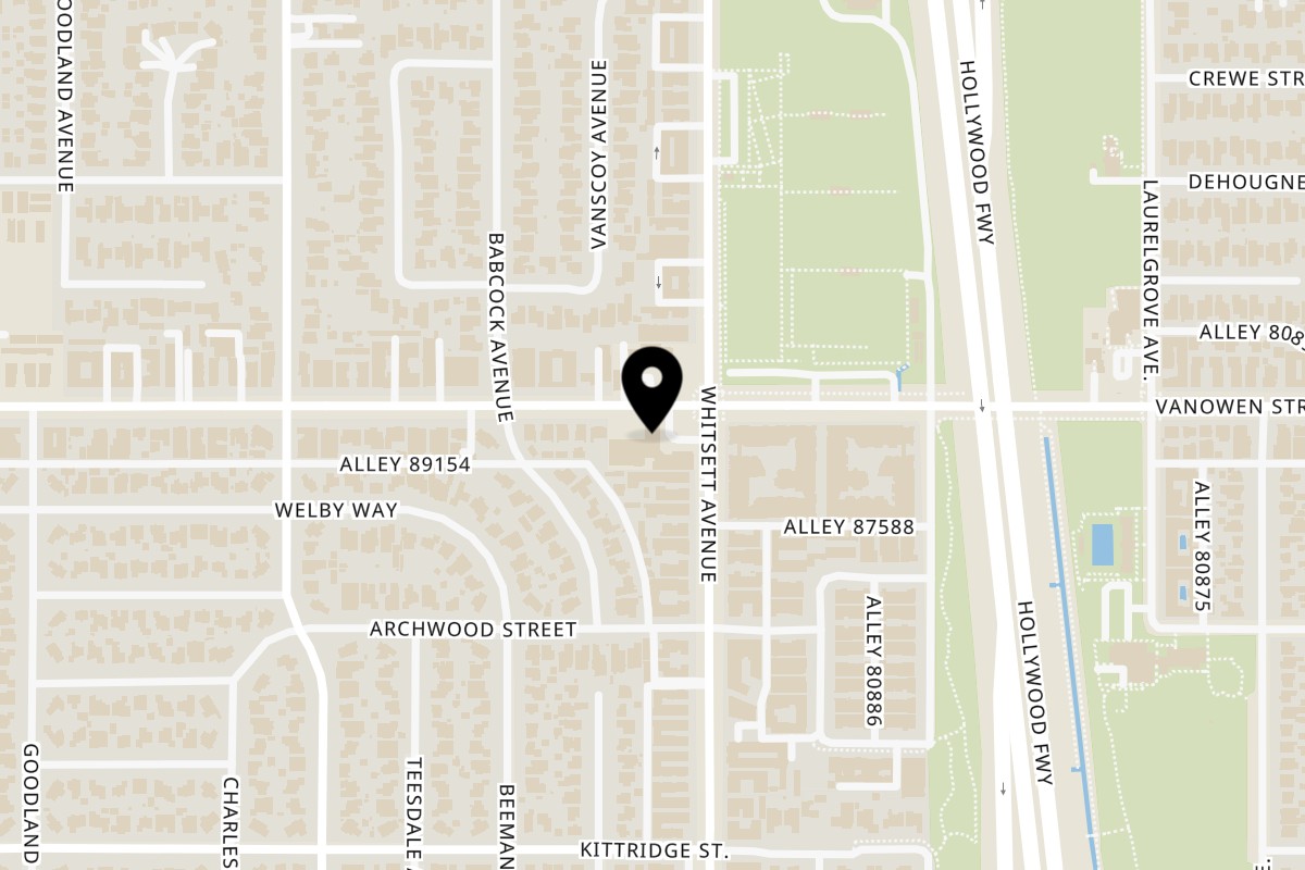 Map showing the location of Ara's Shawarma Vanowen on 12510 Vanowen St in North Hollywood